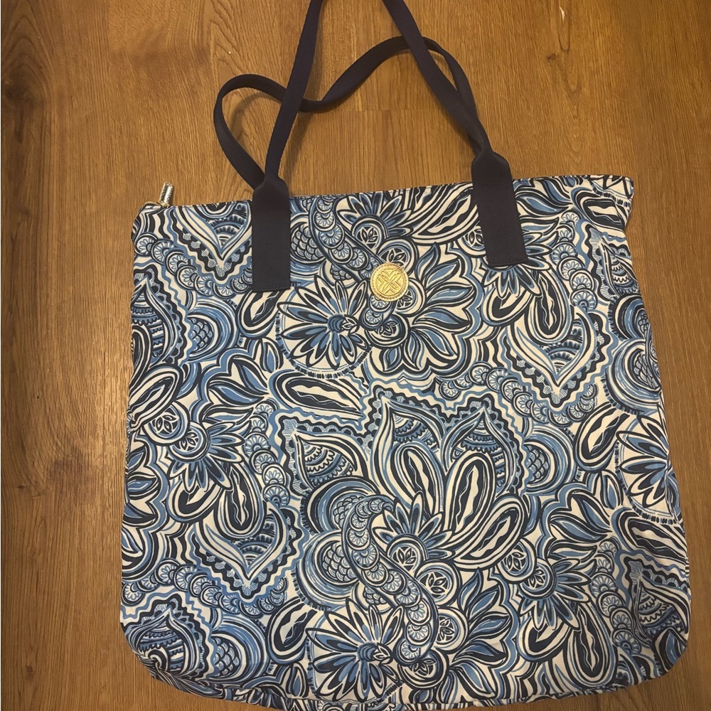 Lilly Pulitzer Blue Paisley Floral Tote with Navy Straps